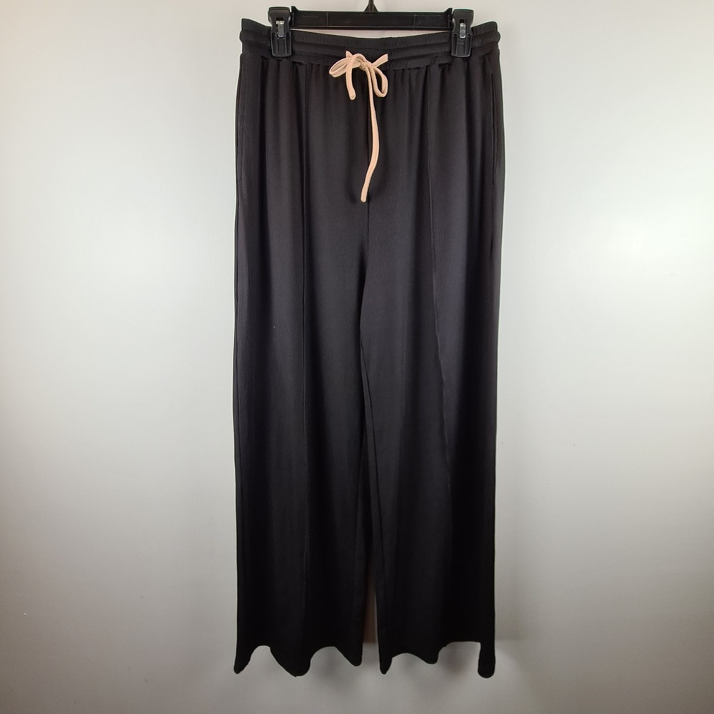 Cider Womens Black Ribbed Wide Leg Lounge Pants High Rise Drawstring Large